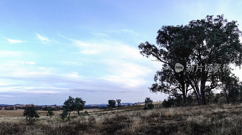 夏末，新南威尔士州亚斯(Yass NSW)附近干燥干旱的农田上，美丽的落日余晖